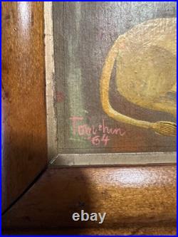 Vtg Folk Art lion with a ball Painting 1964 signed Tom Hun