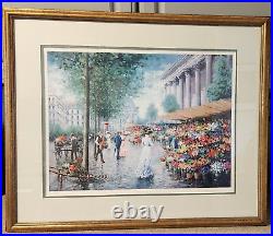 Vtg Framed La Madeleine Paris Painting Print by Chun French Flower Market Signed