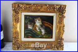 Vtg French oil panel kittens cats painting signed 1960's cute wood frame