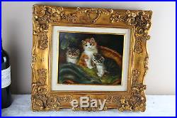 Vtg French oil panel kittens cats painting signed 1960's cute wood frame