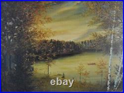 Vtg. HATTIE oil painting cardboard signed, lake landscape, framed 14.5x18.5