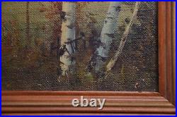 Vtg. HATTIE oil painting cardboard signed, lake landscape, framed 14.5x18.5