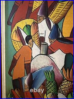 Vtg Haitian Market, Oil In Canvas signed Signed Painting 34x26 OBO