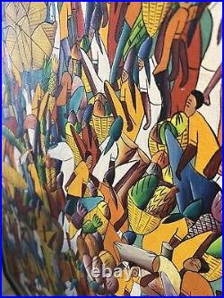 Vtg Haitian Market, Oil In Canvas signed Signed Painting 34x26 OBO