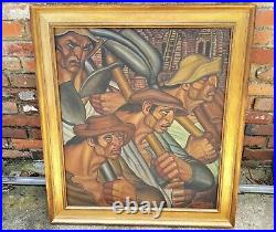 Vtg Latin American Cuban WPA Style Oil Painting Workers Signed C. Rodriguez 1939