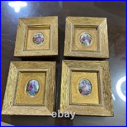 Vtg Limoges France Country Courting Couple Painted Signed Framed Wall Art set 4