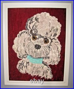 Vtg MCM 18 x 14 White POODLE Dog Rhinestone Collar PAINTING on Red Velvet Signed