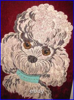 Vtg MCM 18 x 14 White POODLE Dog Rhinestone Collar PAINTING on Red Velvet Signed
