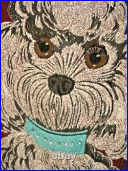 Vtg MCM 18 x 14 White POODLE Dog Rhinestone Collar PAINTING on Red Velvet Signed