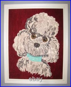 Vtg MCM 18 x 14 White POODLE Dog Rhinestone Collar PAINTING on Red Velvet Signed