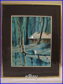 Vtg MID Century Modern Abstract Painting Cottage Blue Green Signed L Gussow 60's