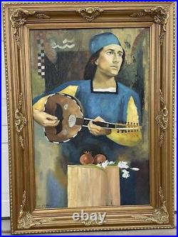 Vtg Man W BandolinoOrig Oil Painting Canvas 45X33 Signed Adam Ornate Frame