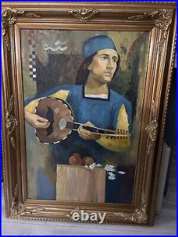 Vtg Man W BandolinoOrig Oil Painting Canvas 45X33 Signed Adam Ornate Frame
