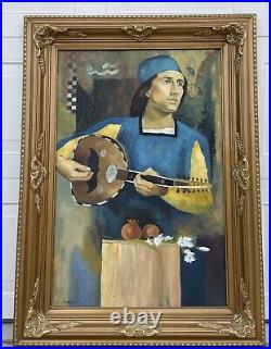 Vtg Man W BandolinoOrig Oil Painting Canvas 45X33 Signed Adam Ornate Frame