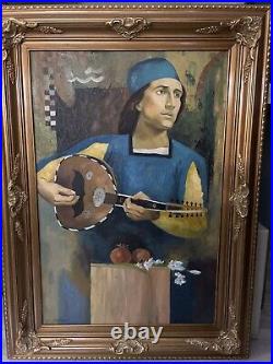 Vtg Man W BandolinoOrig Oil Painting Canvas 45X33 Signed Adam Ornate Frame