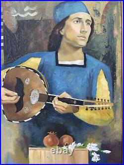 Vtg Man W BandolinoOrig Oil Painting Canvas 45X33 Signed Adam Ornate Frame