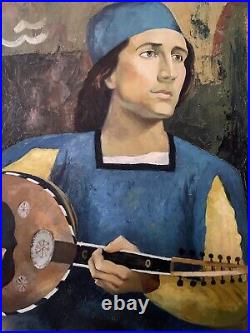 Vtg Man W BandolinoOrig Oil Painting Canvas 45X33 Signed Adam Ornate Frame