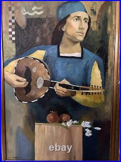 Vtg Man W BandolinoOrig Oil Painting Canvas 45X33 Signed Adam Ornate Frame