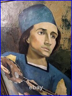 Vtg Man W BandolinoOrig Oil Painting Canvas 45X33 Signed Adam Ornate Frame