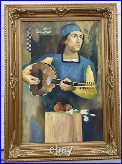 Vtg Man W BandolinoOrig Oil Painting Canvas 45X33 Signed Adam Ornate Frame