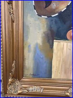 Vtg Man W BandolinoOrig Oil Painting Canvas 45X33 Signed Adam Ornate Frame