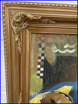 Vtg Man W BandolinoOrig Oil Painting Canvas 45X33 Signed Adam Ornate Frame