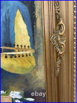 Vtg Man W BandolinoOrig Oil Painting Canvas 45X33 Signed Adam Ornate Frame