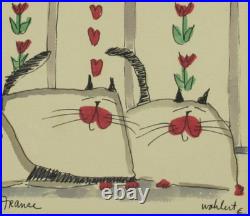 Vtg Martha Wahlert Cat Art Wallpaper from France Original Watercolor Signed