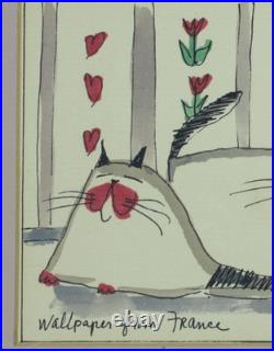 Vtg Martha Wahlert Cat Art Wallpaper from France Original Watercolor Signed