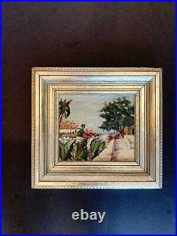 Vtg Mediterranean Terrace Scene Original Oil Painting With Gilt frame MCM Signed