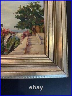 Vtg Mediterranean Terrace Scene Original Oil Painting With Gilt frame MCM Signed