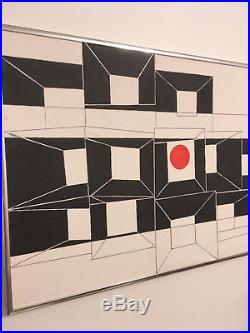 Vtg Mid Century Abstract Geometric Black, White & Red Painting Signed Dated