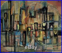 Vtg Mid-Century Cityscape Modernist Brutalist Abstract Painting Signed 1950s 60s
