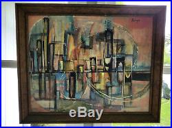 Vtg Mid-Century Cityscape Modernist Brutalist Abstract Painting Signed 1950s 60s