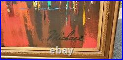 Vtg Mid Century Modern Cityscape Oil Painting on Masonite Board Signed Michael