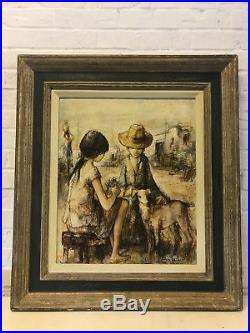 Vtg Mid Century Modern French Jacques Lalande Signed Painting Boy & Girl with Dog