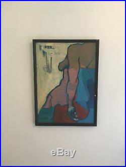 Vtg Mid Century Modern Large Blue Green Abstract Nude Woman Oil Painting- Signed