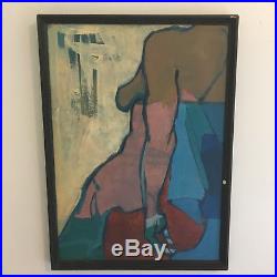 Vtg Mid Century Modern Large Blue Green Abstract Nude Woman Oil Painting- Signed