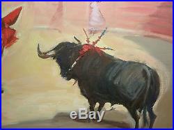 Vtg Mid Century Modernist Matador Bullfight Oil Painting Signed Millan Lamas