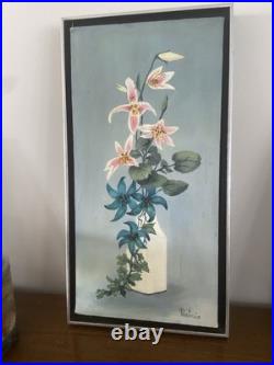 Vtg Oil Painting Colorful Flower Bouquet in Vase, Signed, Framed 10x18