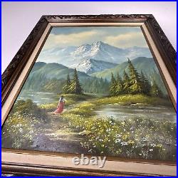 Vtg Oil Painting Mountain Landscape Lake Trees Framed 30x26 Signed Thompson