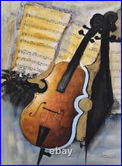 Vtg. Oil Painting of a Still Life with a Violin and Sheet Music, signed by GRACE