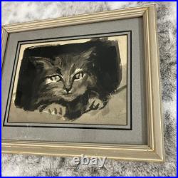 Vtg Original Art Cat Painting Pet Animal Signed OOAK Noel Perret Story 1970s