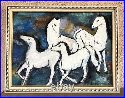 Vtg Original MCM Abstract Motion ArtHorse Painting Signed P. Lee Framed Wall Art