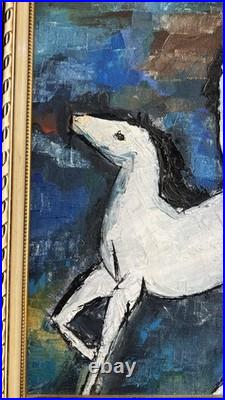 Vtg Original MCM Abstract Motion ArtHorse Painting Signed P. Lee Framed Wall Art