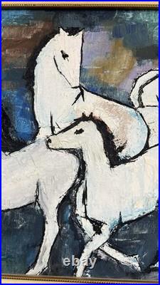 Vtg Original MCM Abstract Motion ArtHorse Painting Signed P. Lee Framed Wall Art