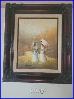 Vtg Original NEWTON Signed Oil on Canvas Painting Two Women Landscape 8x10