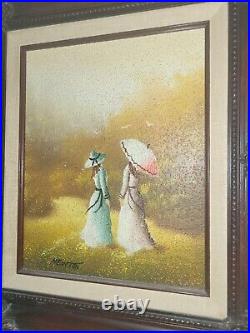 Vtg Original NEWTON Signed Oil on Canvas Painting Two Women Landscape 8x10