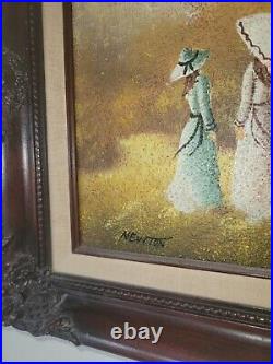 Vtg Original NEWTON Signed Oil on Canvas Painting Two Women Landscape 8x10