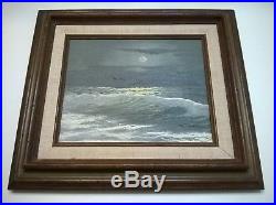 Vtg Original Oil Painting Canvas Signed Schippers Moon Light Ocean Waves Sea Art